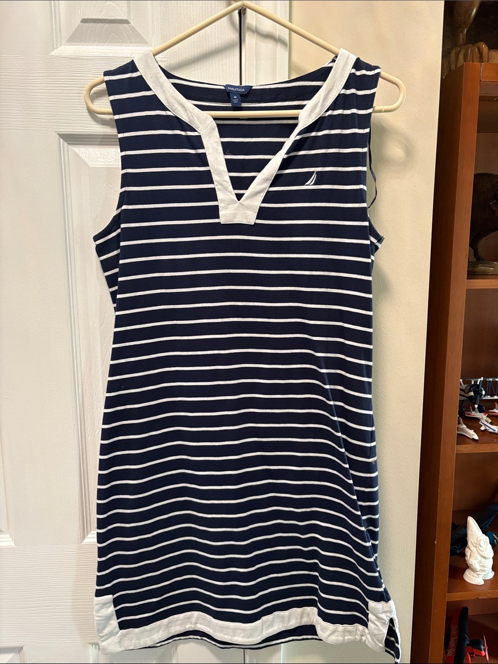 Nautica Navy and White Striped Sleeveless V-Neck Top